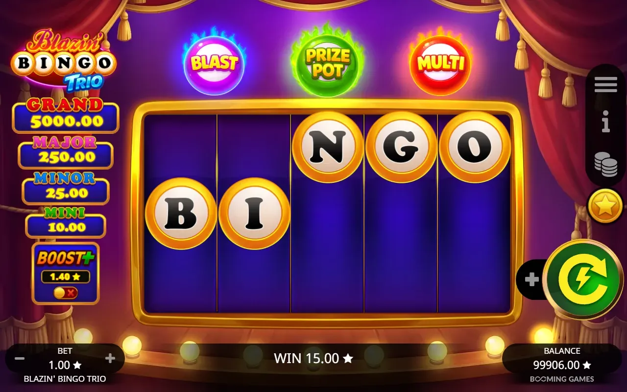 Bingo Bonus de Blazin' Bingo Trio con bolas B-I-N-G-O