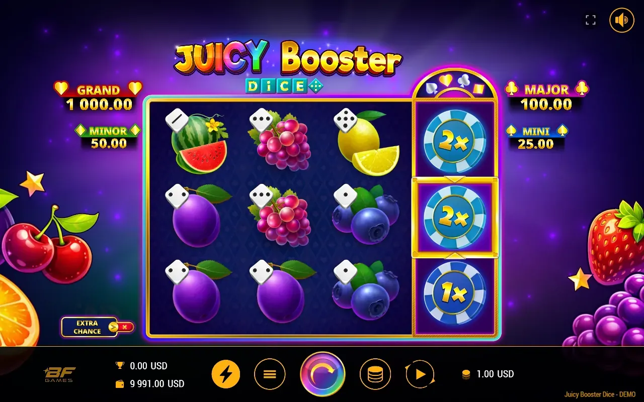 Giro base de Juicy Booster Dice con frutas y el Booster Reel