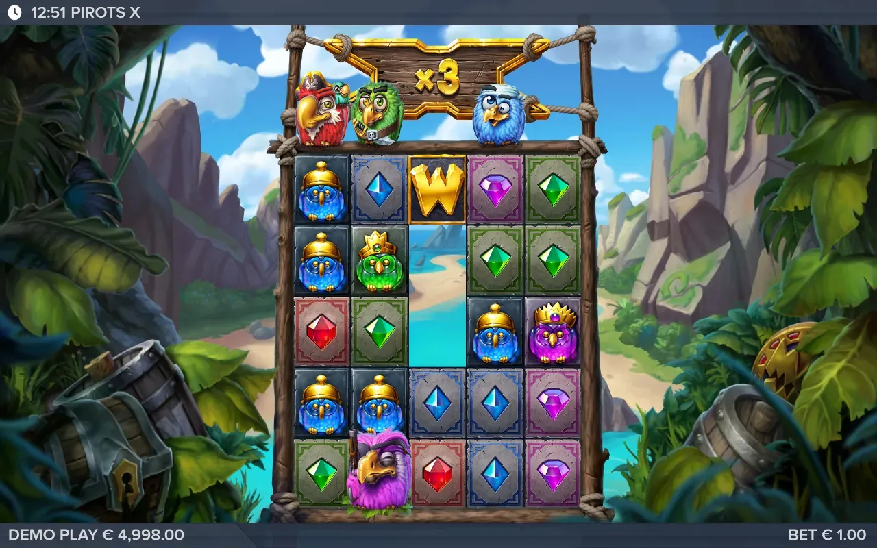 Pirots X loro en el tablero con multiplicador global